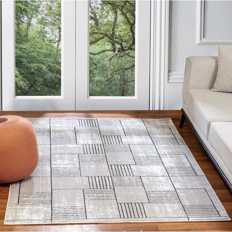 Livabliss Salla Geometric Rug - Scandi Area Rugs Living Room 160x220 cm, Dining, Kitchen - Neutral, Abstract Patterned Rugs, Boho Style, Easy Care Pile - Large Rug, White and Grey