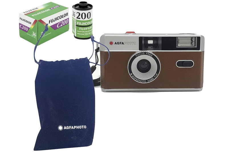 AgfaPhoto Analogue 35 mm Compact Film Photo Camera Brown in Set Colour Images Film + Battery