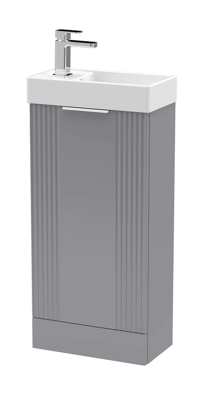 nuie Modern Bathroom Floor Standing Part Fluted 1 Door Slimline Vanity Unit with Ceramic Basin, 400mm, Satin Grey