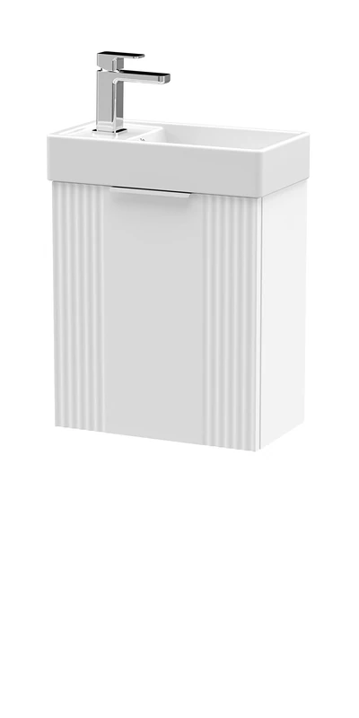 nuie FLT190 Deco Compact Modern Bathroom Wall Hung Part Fluted 1 Door Slimline Vanity Basin Unit with Ceramic Basin, 400mm, Satin White