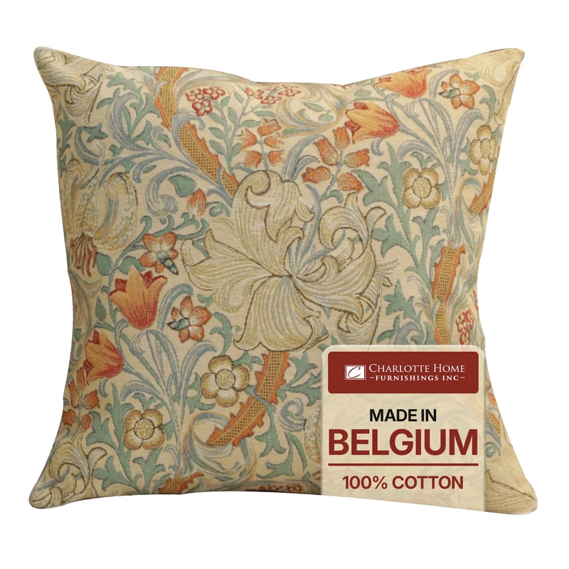 Charlotte Home Furnishings Inc Golden Lily Light Throw Pillow Covers 18x18, European 100% Cotton Jacquard Woven Fabric, Boho & Vintage Inspired Decorative Cushion for Living Room and Sofa