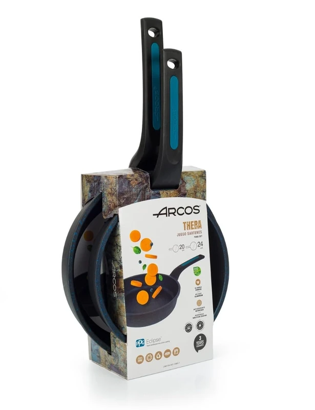 Arcos Thera Series | Pan Set 20 and 24 cm | Cast Aluminium | Suitable for Any Kitchen | Silicone Handles | Energy Saving System | Dishwasher Safe | Colour Black and Blue