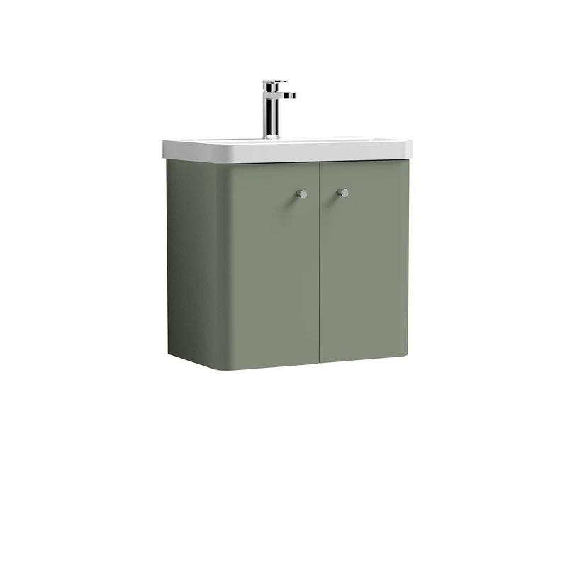 nuie COR805 Core Modern Bathroom Wall Hung 2 Door Vanity Basin Unit with Ceramic Basin, 600mm, Satin Green