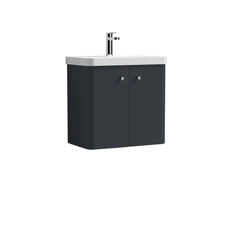 nuie COR1405 Core Modern Bathroom Wall Hung 2 Door Vanity Basin Unit with Ceramic Basin, 600mm, Soft Black