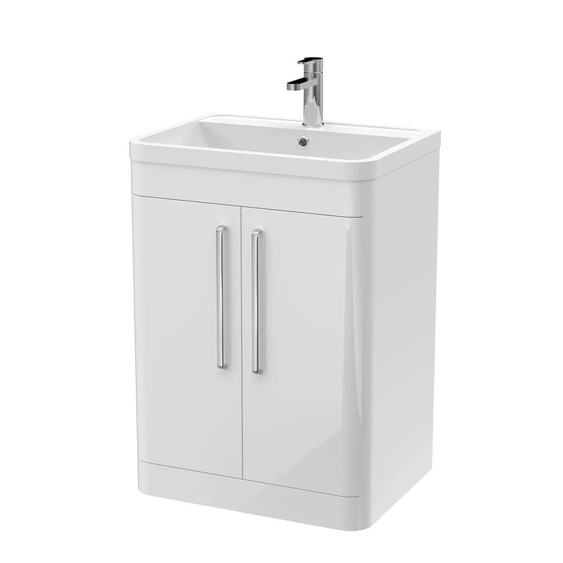 nuie FPA010 Parade Modern Bathroom Floor Standing 2 Door Vanity Cabinet with Polymarble Basin, 600mm, Gloss White