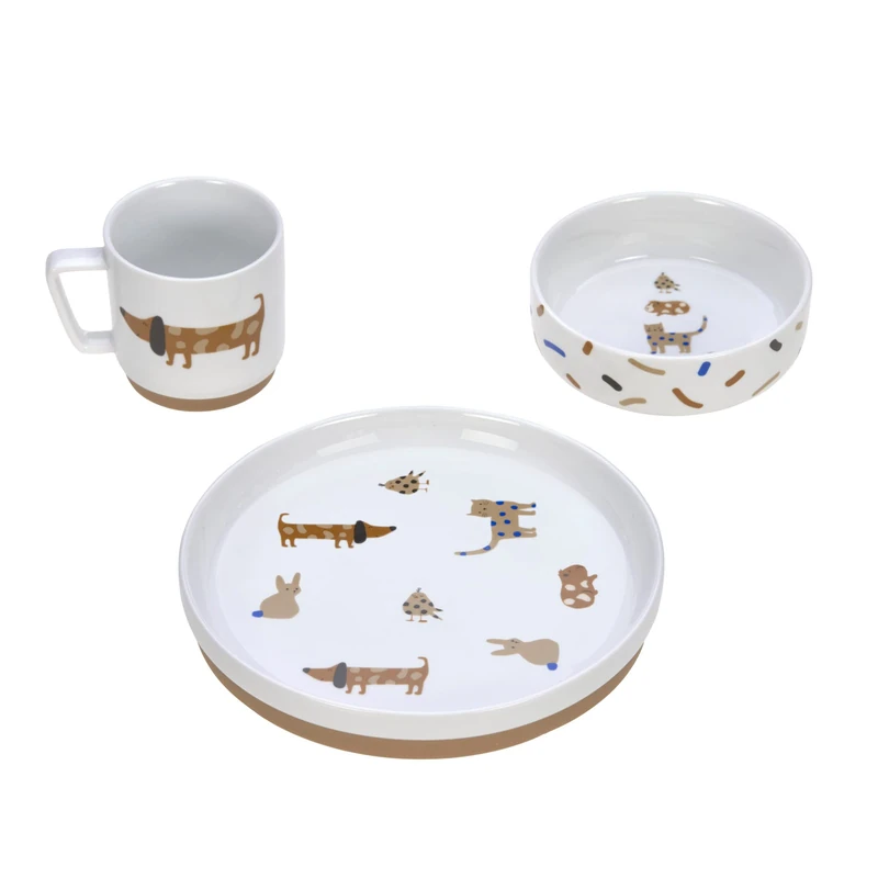 LÄSSIG Crockery Set Porcelain Children's Crockery Set Plate Bowl Cup with Silicone Ring Non-Slip Children's Tableware Little Mateys - Image 1