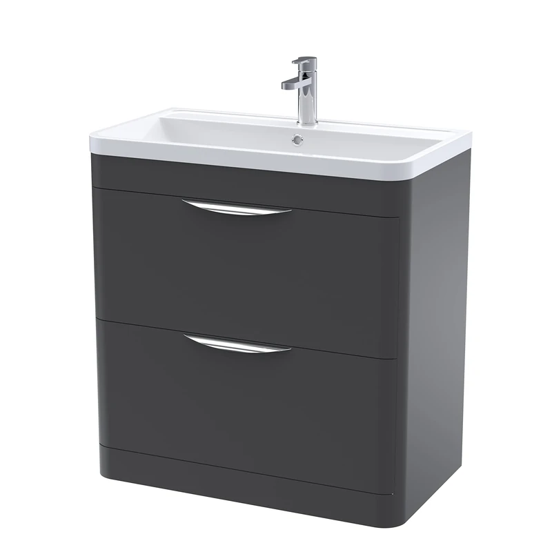 nuie FPA1404 Parade Modern Bathroom Floor Standing 2 Drawer Vanity Cabinet with Polymarble Basin, 800mm, Satin Anthracite