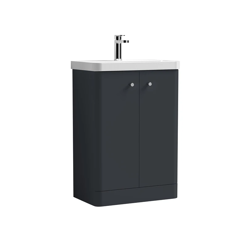 nuie COR1406 Core Modern Bathroom Floor Standing 2 Door Vanity Basin Unit with Ceramic Basin, 600mm, Soft Black