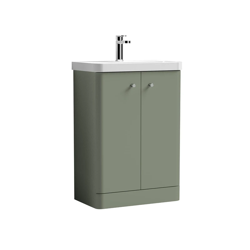 nuie COR806 Core Modern Bathroom Floor Standing 2 Door Vanity Basin Unit with Ceramic Basin, 600mm, Satin Green