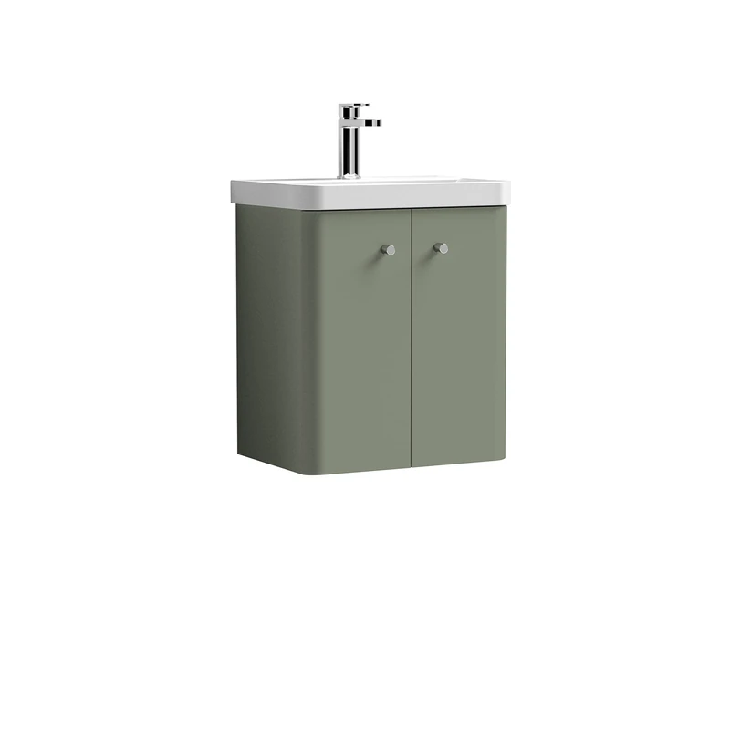 nuie COR803 Core Modern Bathroom Wall Hung 2 Door Vanity Unit with Ceramic Basin, 500mm, Satin Green