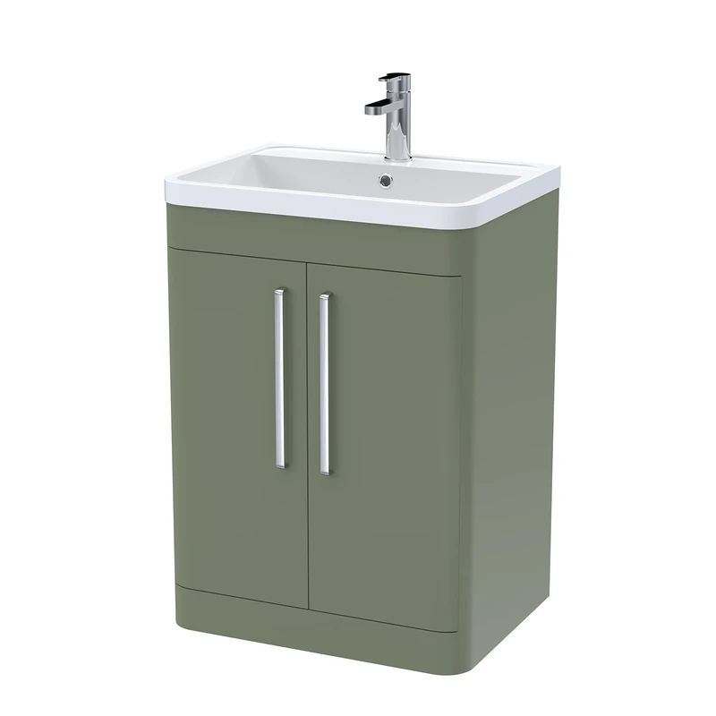 nuie FPA810 Parade Modern Bathroom Floor Standing 2 Door Vanity Cabinet with Polymarble Basin, 600mm, Satin Green