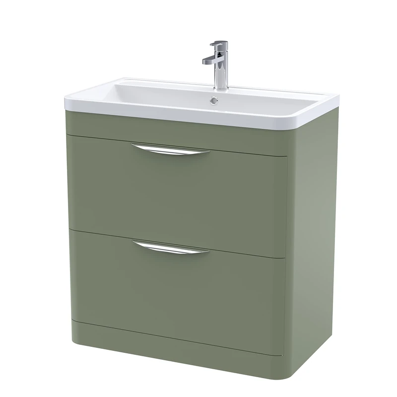 nuie FPA804A Parade Modern Bathroom Floor Standing 2 Drawer Vanity Cabinet with Ceramic Basin, 800mm, Satin Green