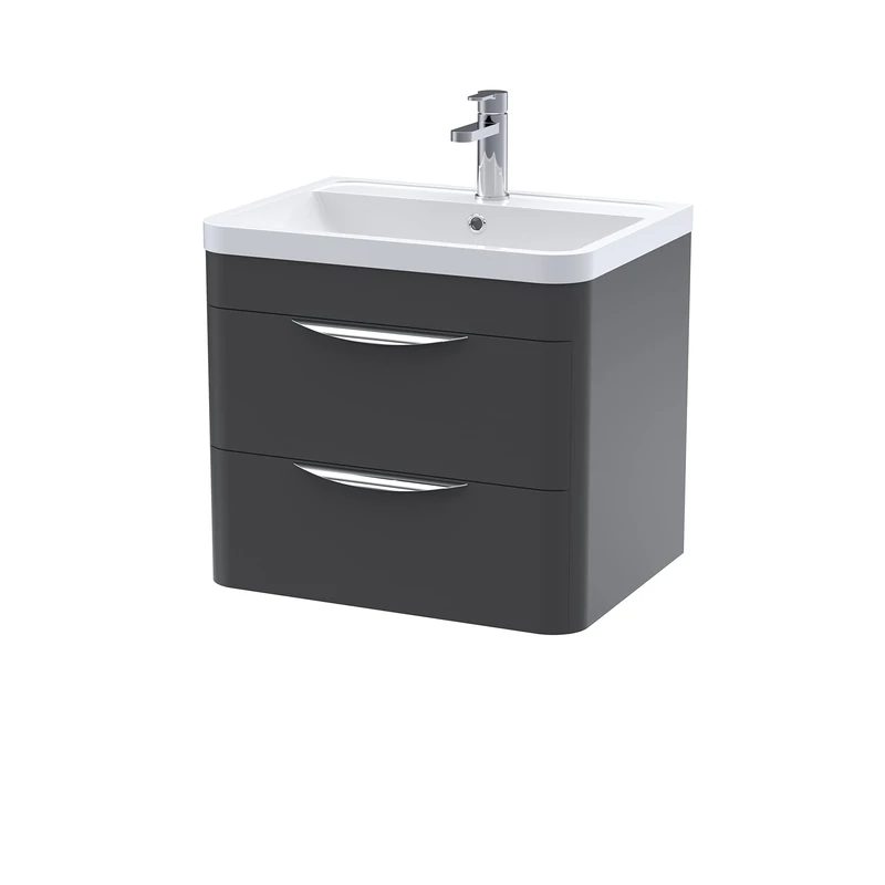 nuie FPA1402 Parade Modern Bathroom Wall Hung 2 Drawer Vanity Cabinet with Polymarble Basin, 600mm, Satin Anthracite