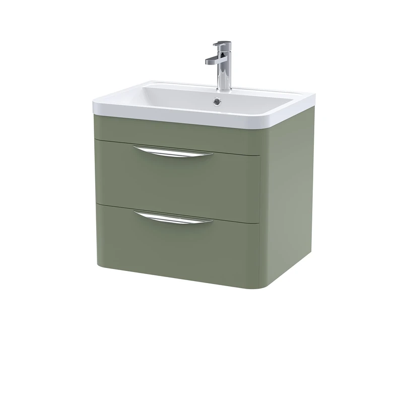 nuie FPA802 Parade Modern Bathroom Wall Hung 2 Drawer Vanity Cabinet with Polymarble Basin, 600mm, Satin Green