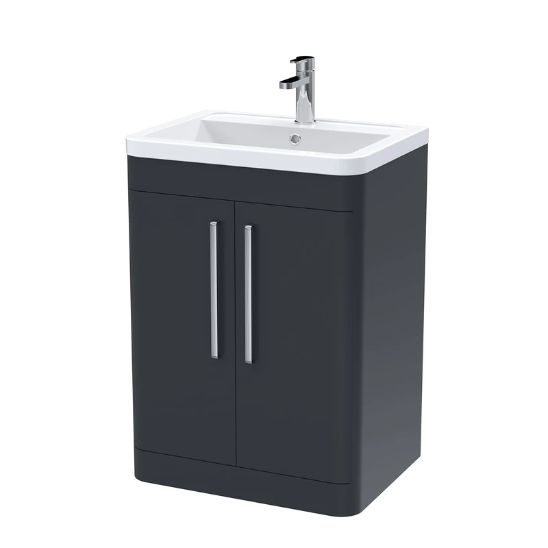 nuie FPA1410A Parade Modern Bathroom Floor Standing 2 Door Vanity Cabinet with Ceramic Basin, 600mm, Soft Black