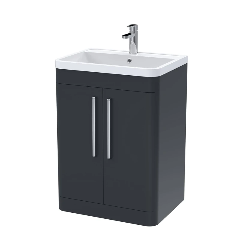 nuie FPA1410 Parade Modern Bathroom Floor Standing 2 Door Vanity Cabinet with Polymarble Basin, 600mm, Soft Black
