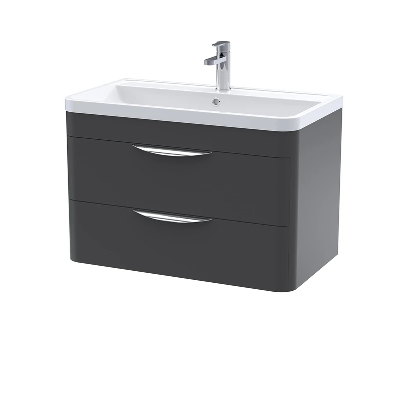 nuie FPA1405 Parade Modern Bathroom Wall Hung 2 Drawer Vanity Cabinet with Polymarble Basin, 800mm, Satin Anthracite
