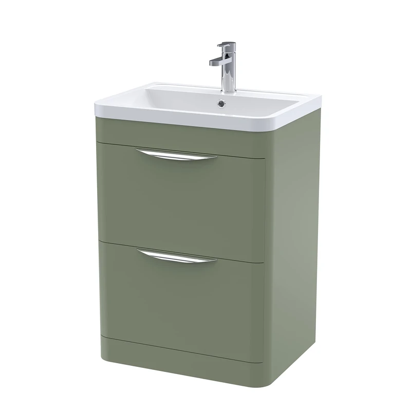 nuie FPA801 Parade Modern Bathroom Floor Standing 2 Drawer Vanity Cabinet with Polymarble Basin, 600mm, Satin Green