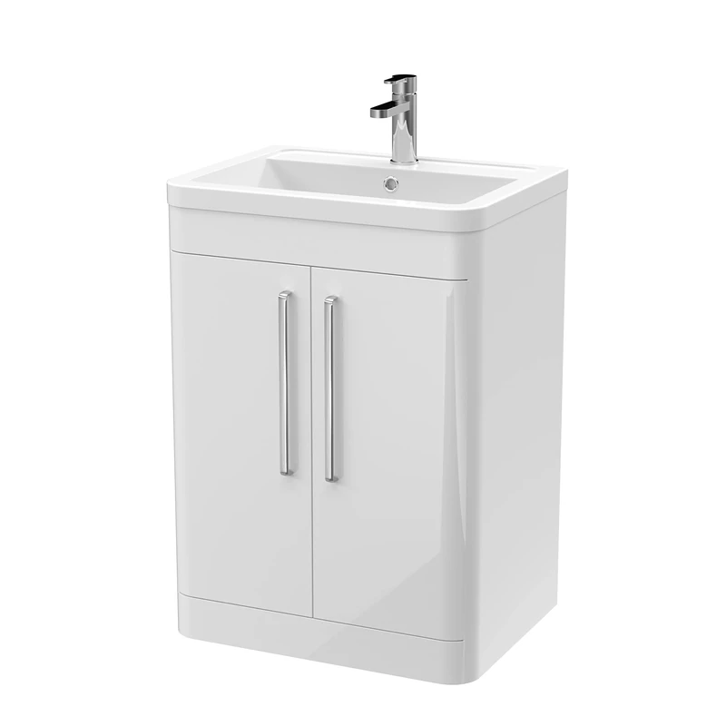nuie FPA010A Parade Modern Bathroom Floor Standing 2 Door Vanity Cabinet with Ceramic Basin, 600mm, Gloss White
