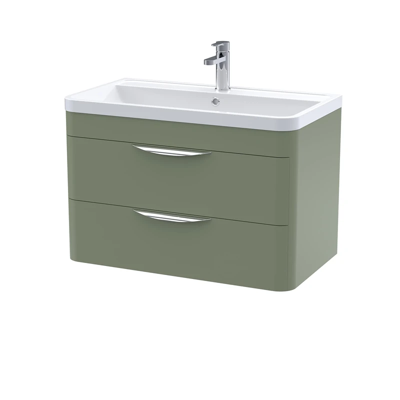 nuie FPA805 Parade Modern Bathroom Wall Hung 2 Drawer Vanity Cabinet with Polymarble Basin, 800mm, Satin Green