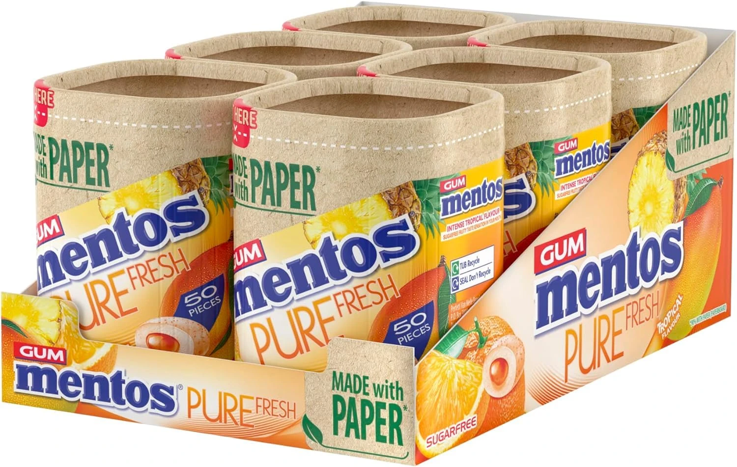 Mentos Pure Fresh Tropical Flavour, Sugar Free Chewing Gum With Xylitol, Suitable for Vegetarians - 6 x 50 Pieces