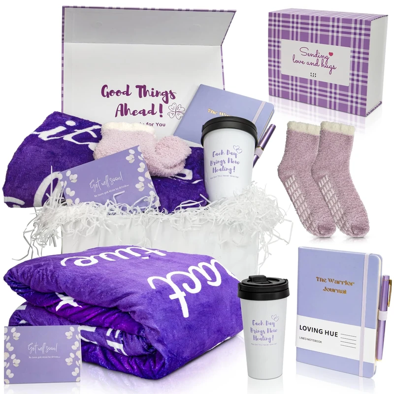 Loving Hue Get Well Soon Chemo Care Package for Women, 6-Piece Set Comforting Gifts for Cancer Patients for Chemo Patients, Get Well Gifts for Women After Surgery (Purple)