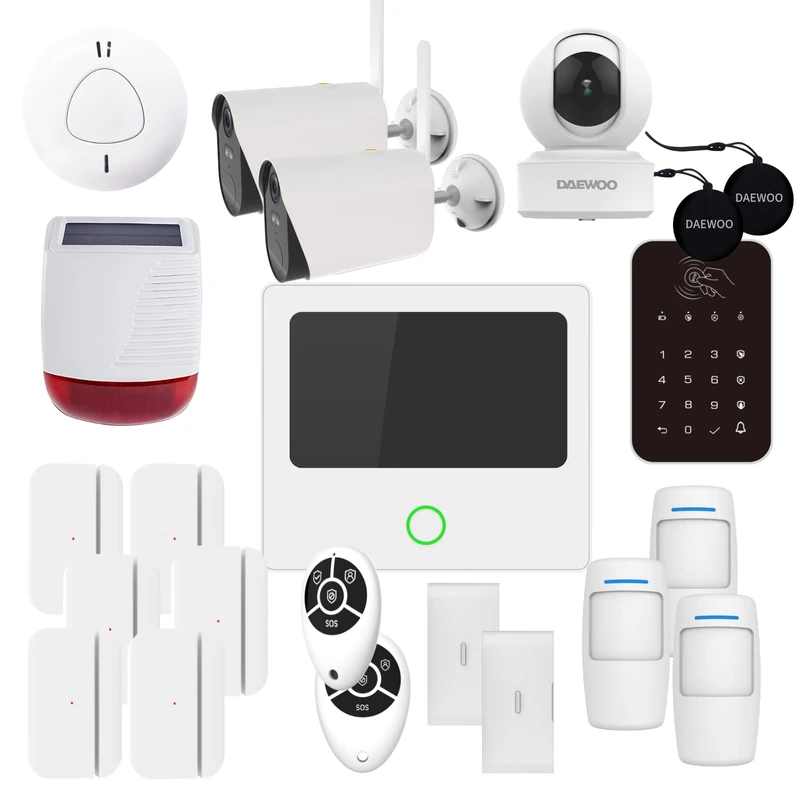 Daewoo AM314 Alarm Pack, Touch Screen Centre, Animal-Friendly Motion Detector, Opening, Vibration, Solar Siren, Surveillance Cameras, Smoke Detection, Remote Control