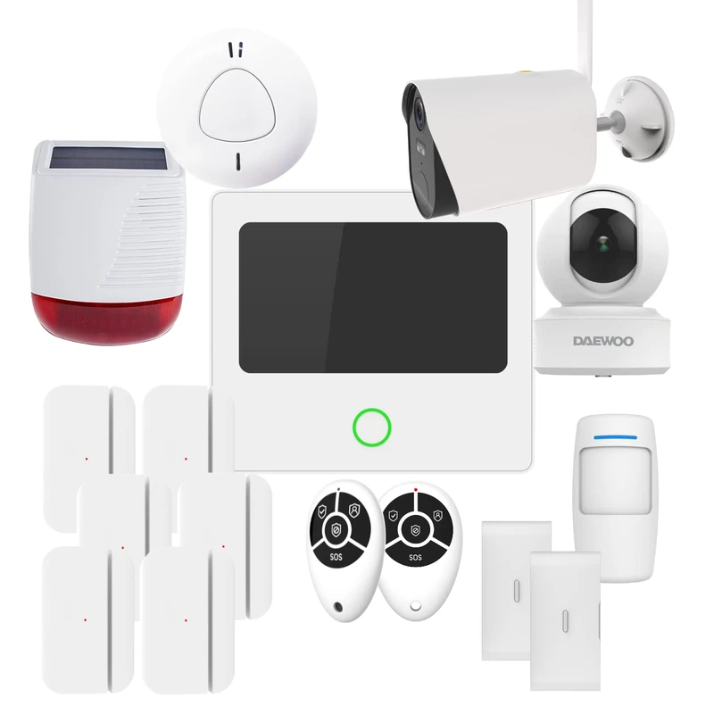 Daewoo AM312 Alarm Pack, Touch Screen Control Unit, Animal Friendly Motion Detector, Door Contactors, Vibration, Solar Siren, Cameras, Smoke Detection, Remote Control