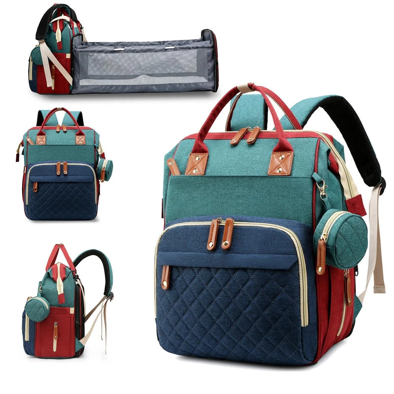 Lamroro Diaper Bag with Changing Station, 3 in 1 Baby Diaper Backpack, Green-blue-red, 13" L x 8" W x 16.5" H, Diaper Bag Backpack