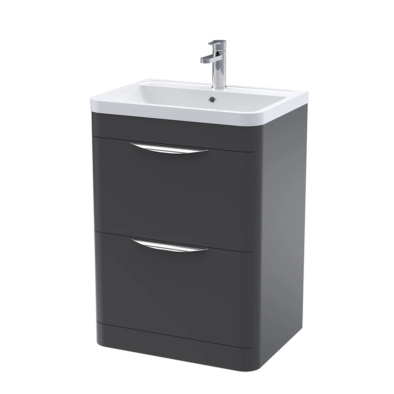 nuie FPA1401A Parade Modern Bathroom Floor Standing 2 Drawer Vanity Cabinet with Ceramic Basin, 600mm, Soft Black