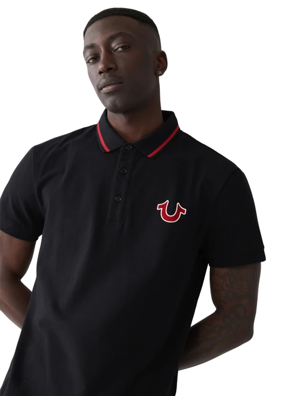 True Religion Men's Jv7 Tipped Polo, Jet Black, L