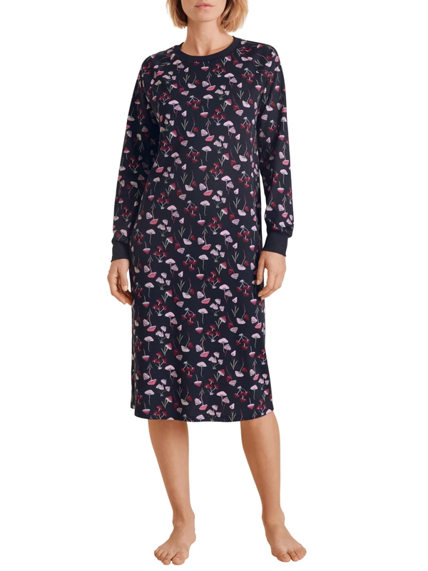 CALIDA Midnight Stripes Women's Long Sleeve Nightdress Length 110 cm 100% Thick Cotton, Dark Lapis Blue, 40-42