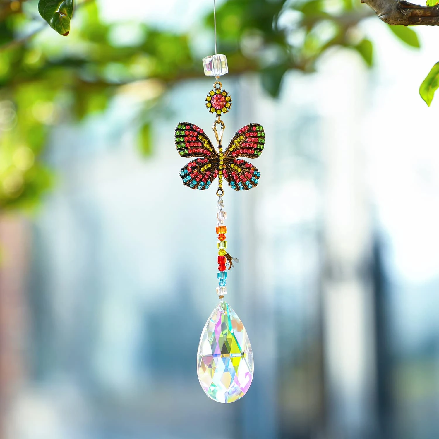 Hanging Butterfly Shaped Crystal Suncatcher,Glass Teardrop Prism Rhinestones Sun Catchers, Rainbow Maker Pendant Indoor Window Home Car Decor Gift