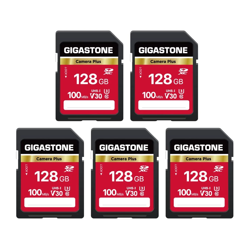 GIGASTONE 128GB 5-Pack SD Card, Camera Plus, V30 SDXC Memory Card High Speed UHD Video Compatible with Canon Nikon Sony Pentax Kodak Olympus Panasonic Digital Camera, with 5 Mini case