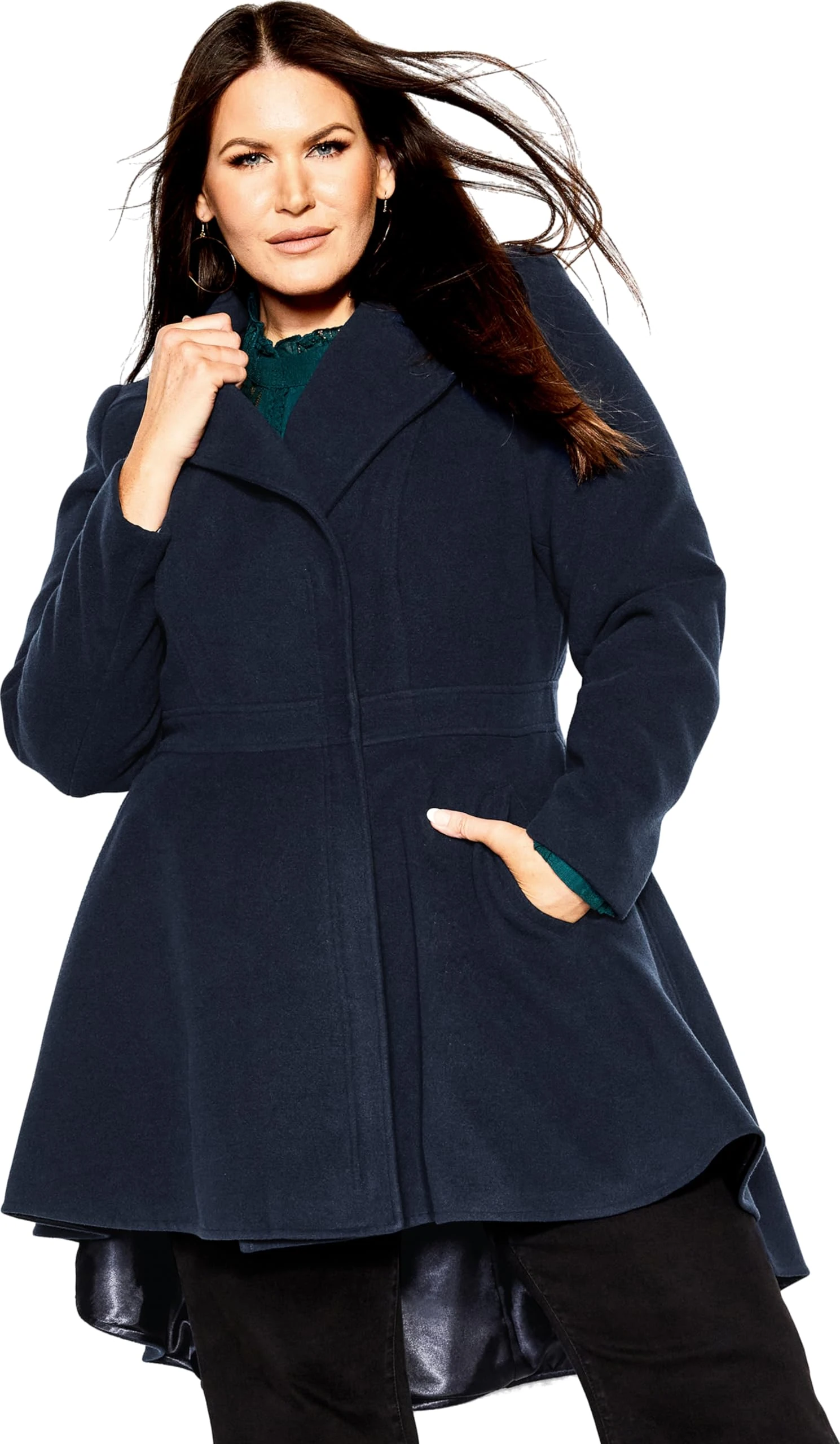 City Chic Women's Apparel City Chic Plus Coat Hi Lo Frill in Navy, Size 16 Jacket, 18