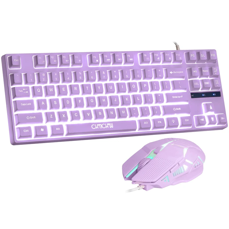 Gaming Keyboard and Mouse Purple Keyboard with White LED Backlit,CHONCNHOW 87keys Creamy PBT Key Cute Small Gaming Keyboard Mic 4D 3600DPI for PC Laptop Xbox Ps4/Mac OS/Gamer(Wired)
