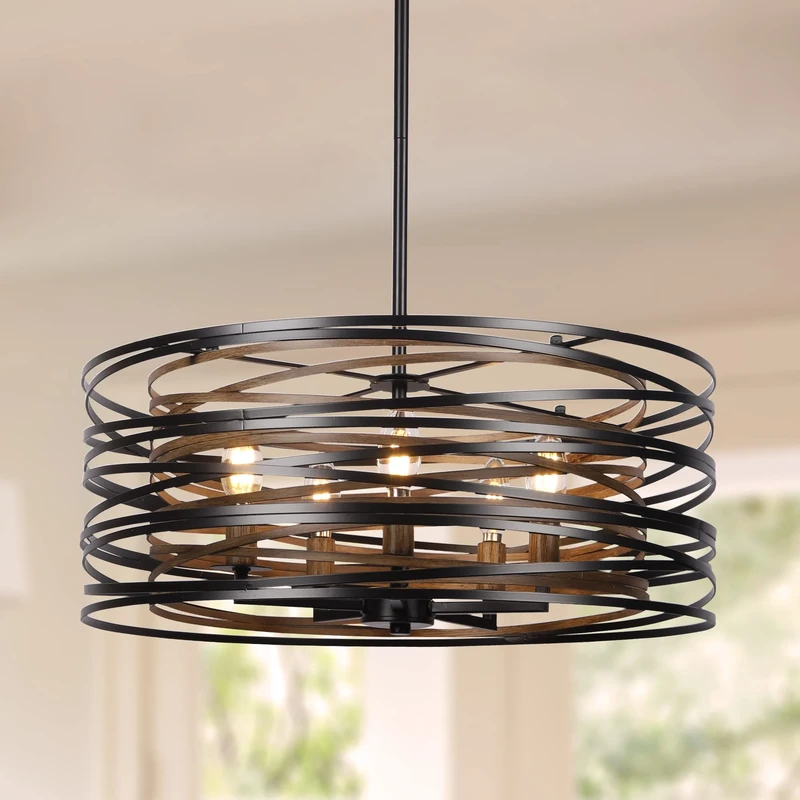 ACNKTZ CAIKEZI 19.7'' Farmhouse Dining Room Light Fixture, 5-Light Metal Drum Chandelier, Black with Retro Wood Texture Interior
