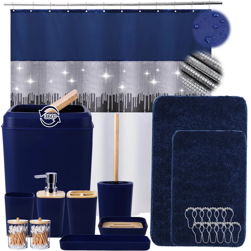 12 PCS Bath Sets with Sequin Shower Curtain, Navy Blue Bathroom Accessories Set Complete with Trash Can,Toothbrush Holder,Toothbrush Cup, Soap Dispenser, Tray, Soap Dish,Toilet Brush,Qtip Holder