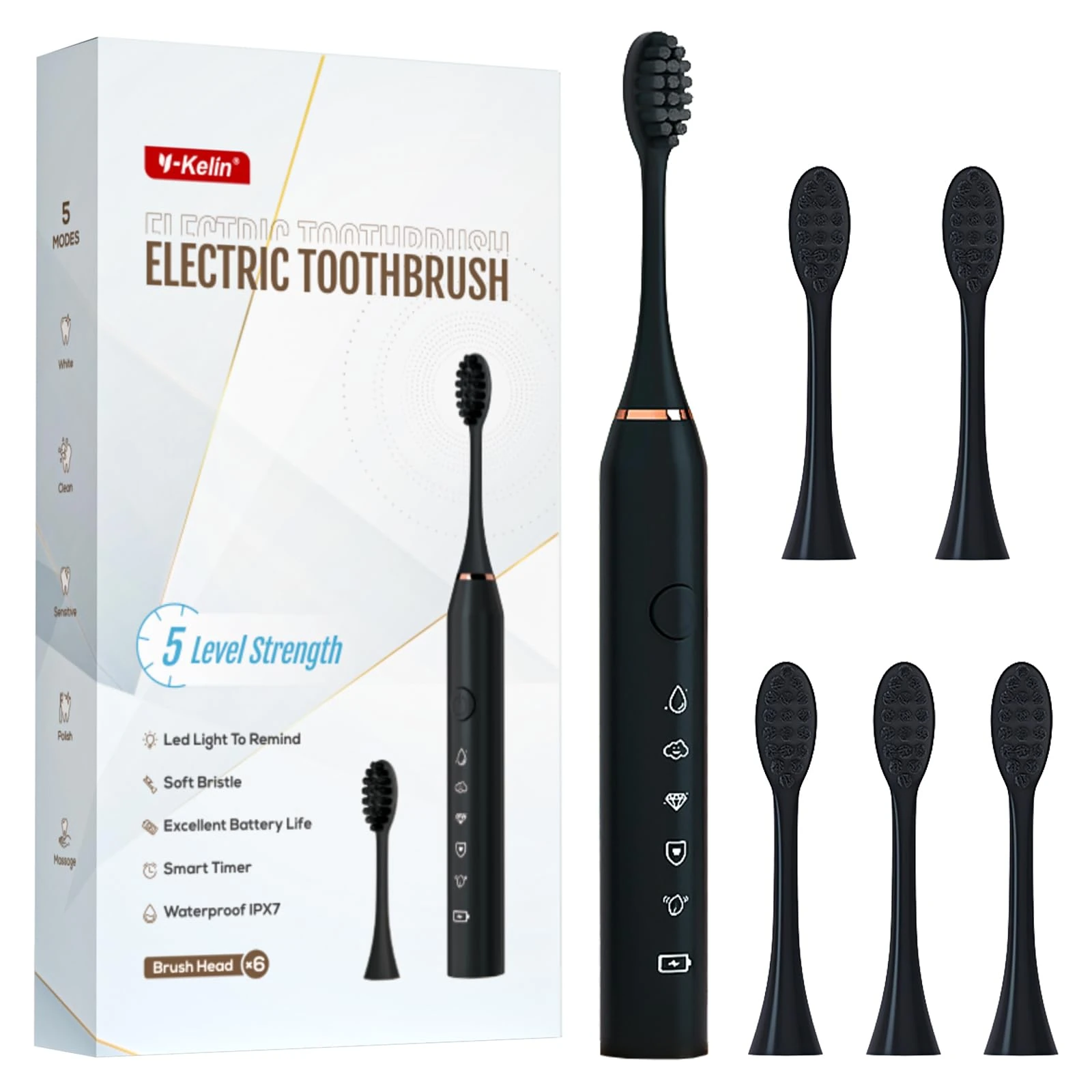 Sonic Electric Toothbrush, Rechargeable Power Toothbrush with 6 Duponts Brush Heads, with 2 Minute Smart Timer, 5 Modes with Teeth Whitening, Gift for Family