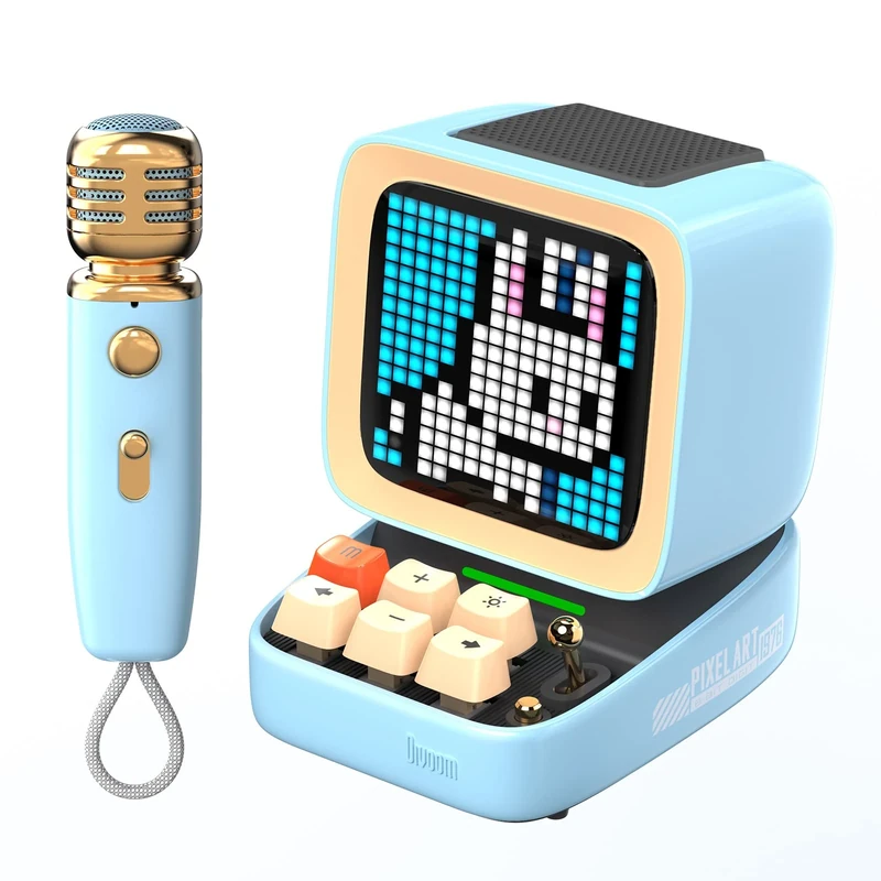 Divoom Ditoo-Mic Pixel Art LED Portable Bluetooth Speaker with Wireless Karaoke Microphone, App Controlled Screen, RGB Keyboard, Games, Alarms for Adults/Kids, Home Party