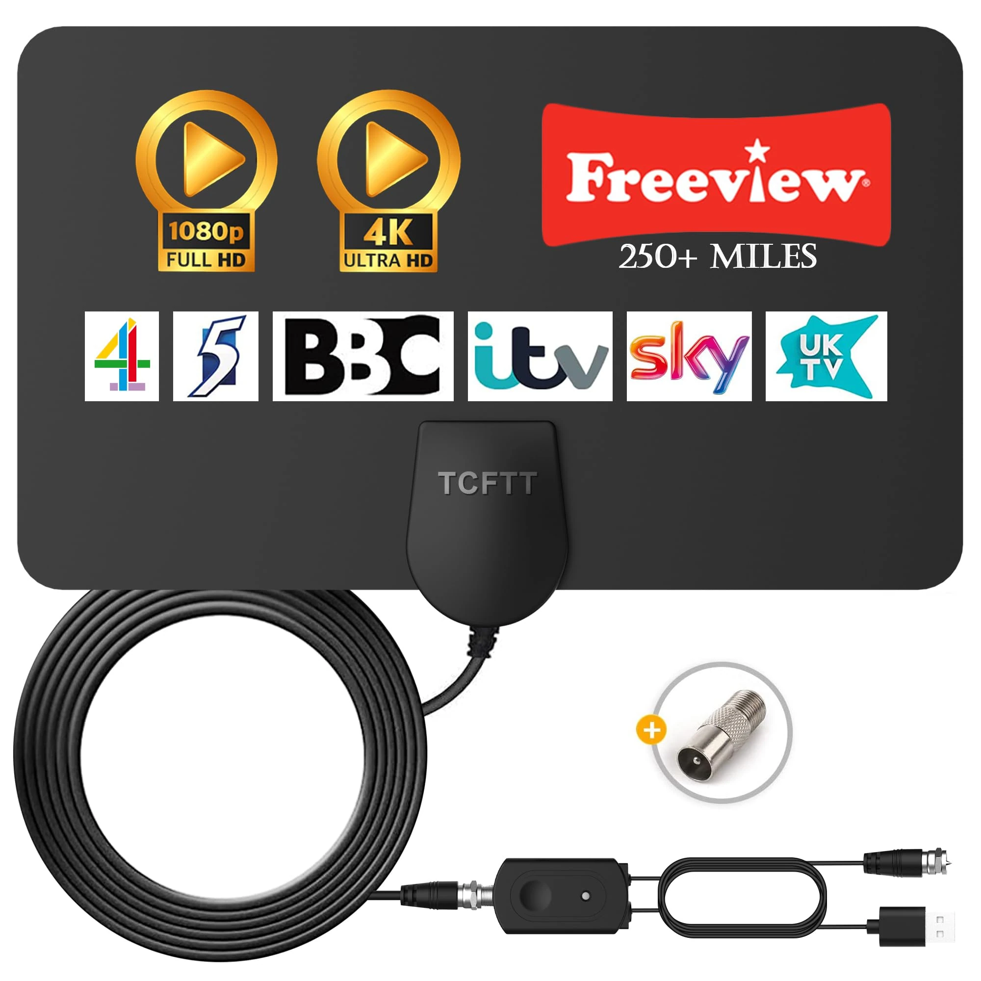TCFTT Digital TV Aerial - 250+ Miles Long Range Amplified HD TV Antenna for Freeview 4K 1080P Local Channels with Booster & 13 ft Coax Cable