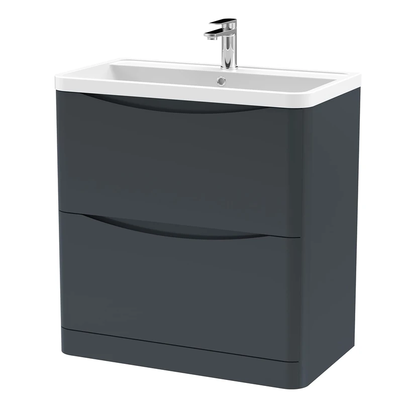 nuie LUN1403 Lunar Modern Bathroom Floor Standing 2 Drawer Vanity Basin Unit with Polymarble Basin, 800mm, Soft Black