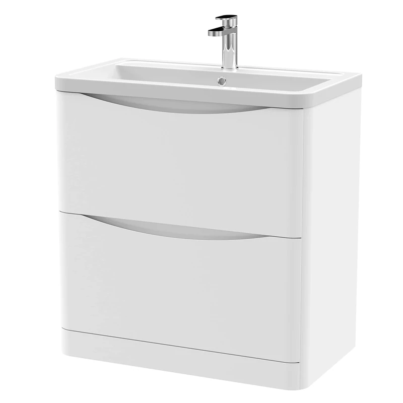 nuie LUN103A Lunar Modern Bathroom Floor Standing 2 Drawer Vanity Basin Unit with Ceramic Basin, 800mm, Satin White