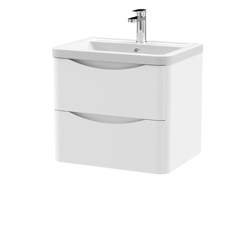 nuie LUN102A Lunar Modern Bathroom Wall Hung 2 Drawer Vanity Basin Unit & Ceramic Basin, 600mm, Satin White