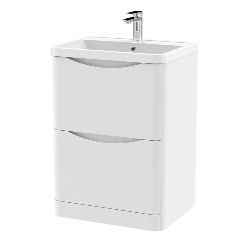 nuie LUN101 Lunar Modern Bathroom Floor Standing 2 Drawer Vanity Basin Unit with Polymarble Basin, 600mm, Satin White