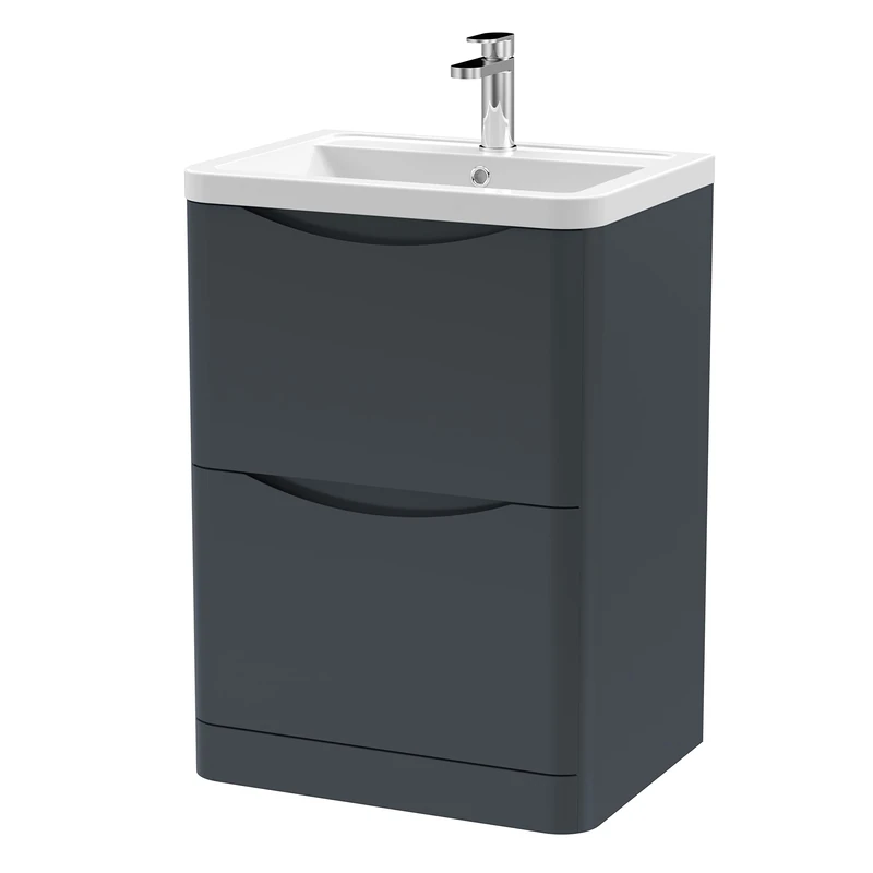 nuie LUN1401A Lunar Modern Bathroom Floor Standing 2 Drawer Vanity Basin Unit with Ceramic Basin, 600mm, Soft Black