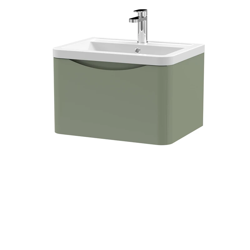 nuie LUN805A Lunar Modern Bathroom Wall Hung 1 Drawer Vanity Basin Unit & Ceramic Basin, 600mm, Satin Green