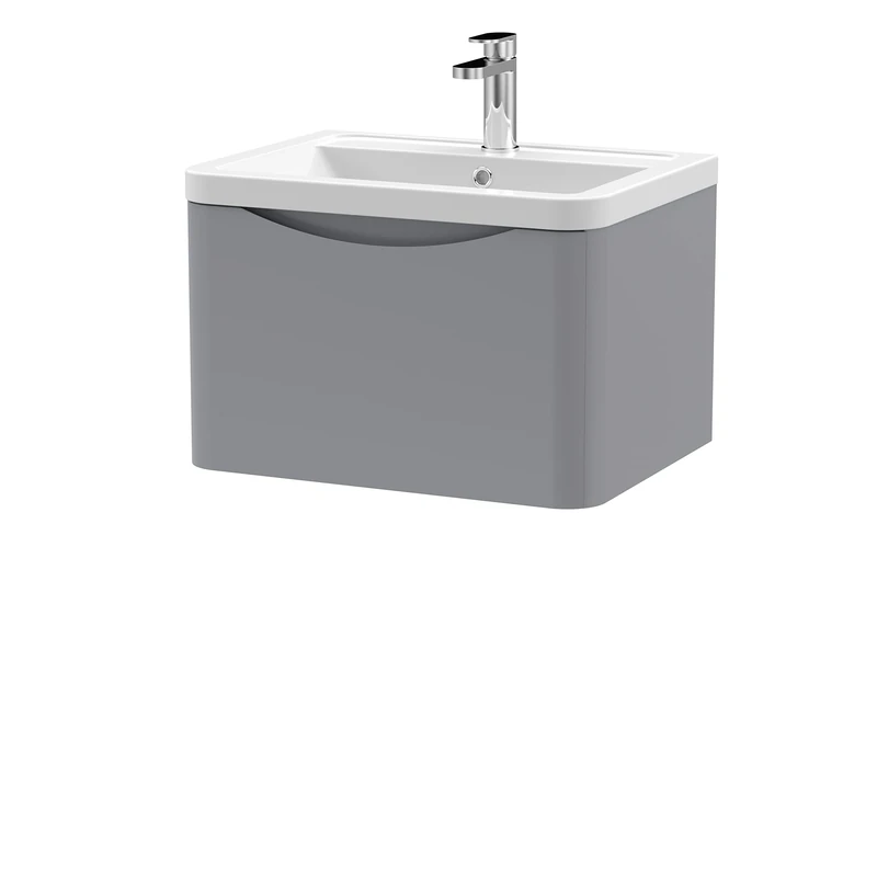 nuie LUN205A Lunar Modern Bathroom Wall Hung 1 Drawer Vanity Basin Unit & Ceramic Basin, 600mm, Satin Grey