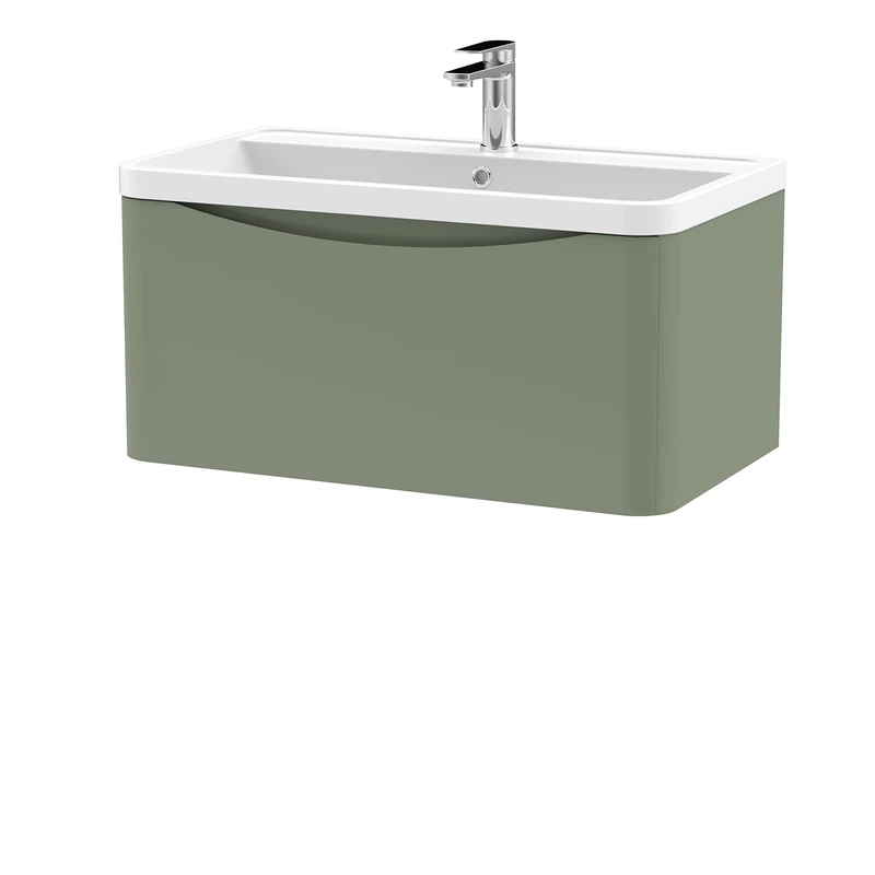 nuie Modern Bathroom Wall Hung 1 Drawer Vanity Unit & Polymarble Basin, 800mm, Satin Green
