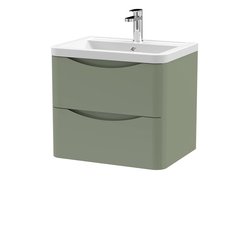 nuie LUN802A Lunar Modern Bathroom Wall Hung 2 Drawer Vanity Basin Unit & Ceramic Basin, 600mm, Satin Green